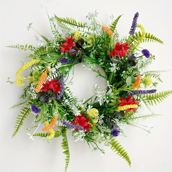 NAMZI Spring Wreath,15.7" Spring Wreaths for Front Door Artificial Summer Flower Wreath with Daisy and Lavender for Indoor Outdoor and Easter Celebration