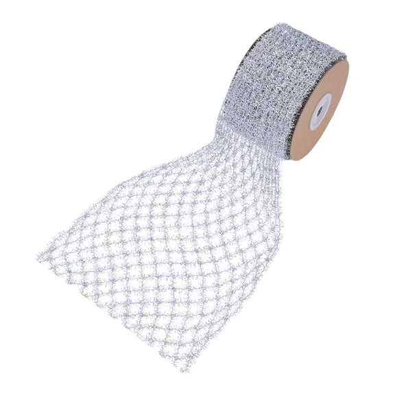 NAMZI Stretchable Glitter Diamond Mesh Ribbon Wired Ribbon Wide 2.5" to 6" for Christmas Tree,Wreaths Supplies,Home Decor, Gift Wrapping,DIY Crafts, 2.5 x 5 Yards x 1 Rolls, Silver