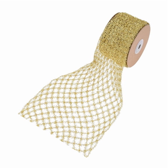 NAMZI Stretchable Glitter Diamond Mesh Ribbon Wired Ribbon Wide 2.5" to 6" for Christmas Tree,Wreaths Supplies,Home Decor, Gift Wrapping,DIY Crafts, 2.5 x 5 Yards x 1 Rolls, Golden