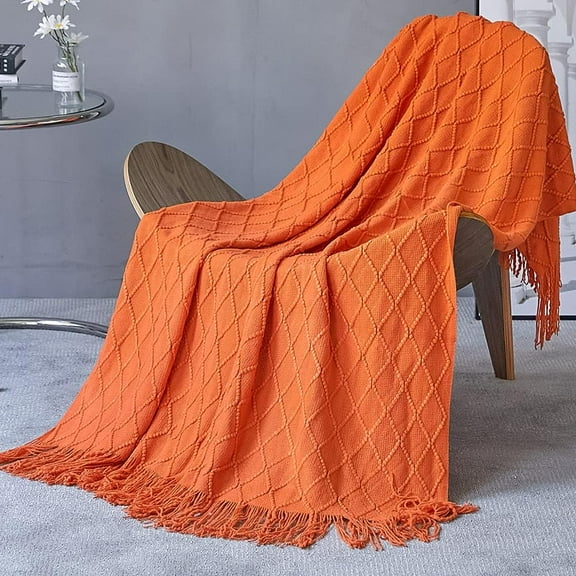 NAMZI Super Ultra Soft Sofa Knitted Blanket, Lightweight Travel Delicate Weave Pattern with for Bed, Sofa and Living Room,Orange