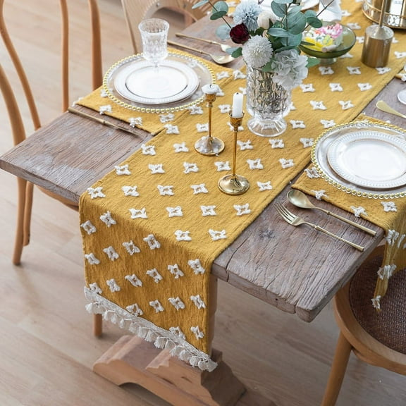 Namzi Table flag vintage yarn-dyed three-dimensional jacquard cut floral cross fringe rectangular table cloth placemat