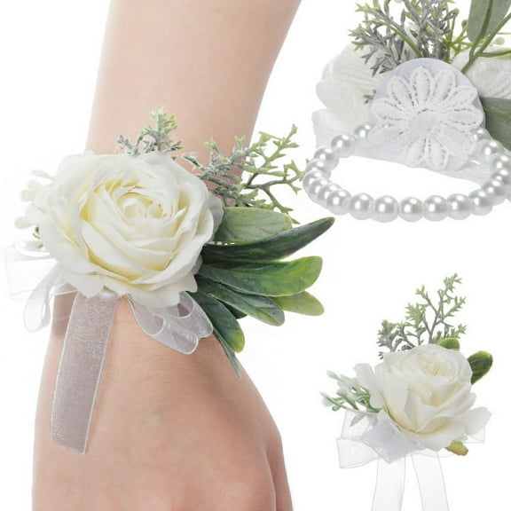 Namzi Wedding Bride Wrist Bracelet Flower Wedding Bracelet for Bridesmaid Silk Roses Pink Wedding Accessories Marriage Flowers(White A)