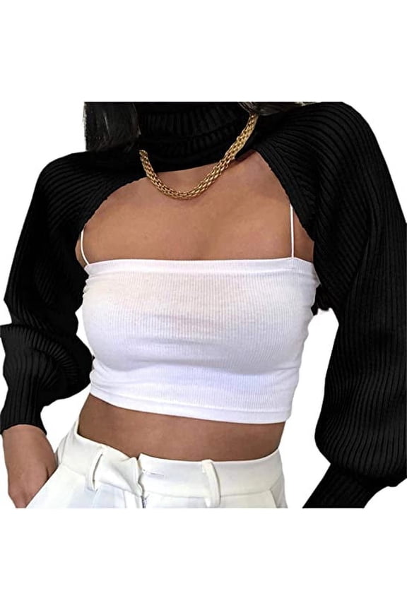 Women Knitwear Turtleneck Shrug Shirts High Collar Long Puff Sleeve Cropped Cutout Backless Sweater Jumper Shirt Top