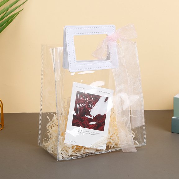 Namzi gift, flowers, gift box packaging bag, transparent PVC handbag, wedding companion gift bag, June 1st gift bag (white small handle, small size)