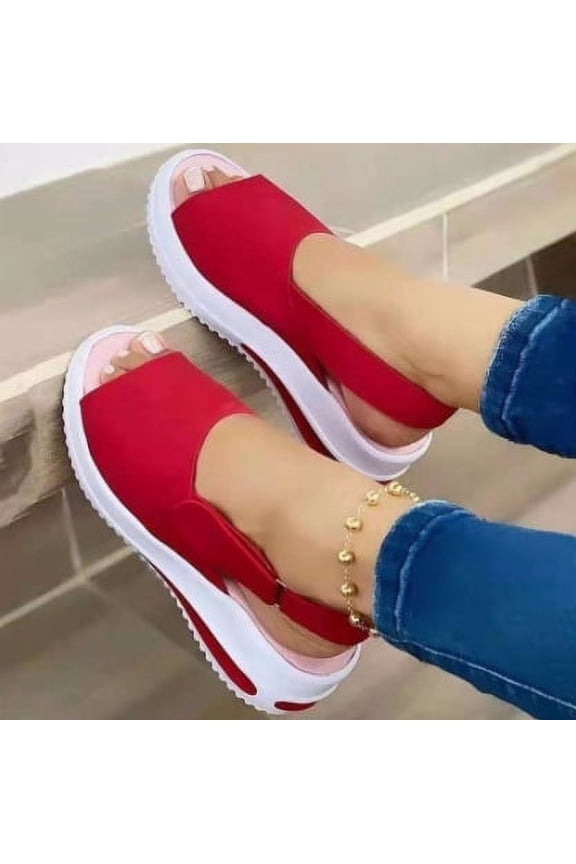 sandals summer women's thick-soled sandals wedge heel ankle buckle flip-flops orthopedic sandals (red)