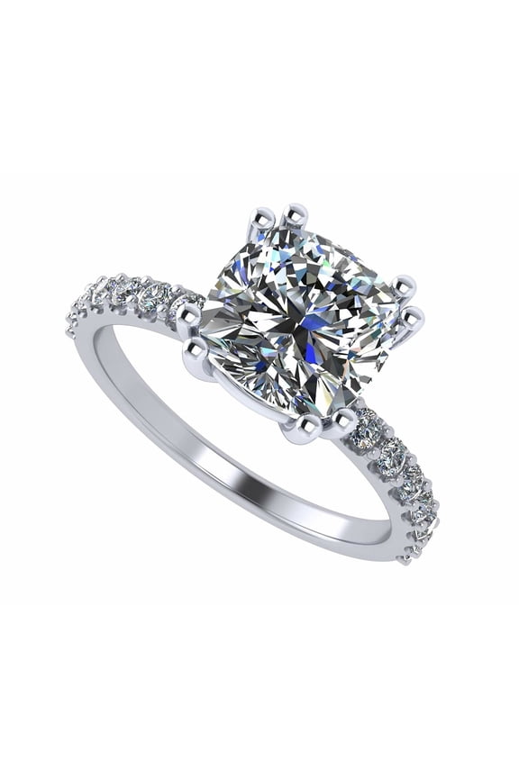 2.00ct Cushion Solitaire CZ Engagement Ring W/Sides - Silver 7mm Size 4