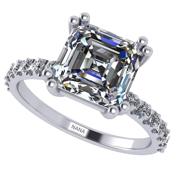 NANA Silver 7mm (2ct) Asscher Cut Pure Brilliance Zirconia Solitaire W/Sides Eng Ring-Rhodium Plated-Size 11