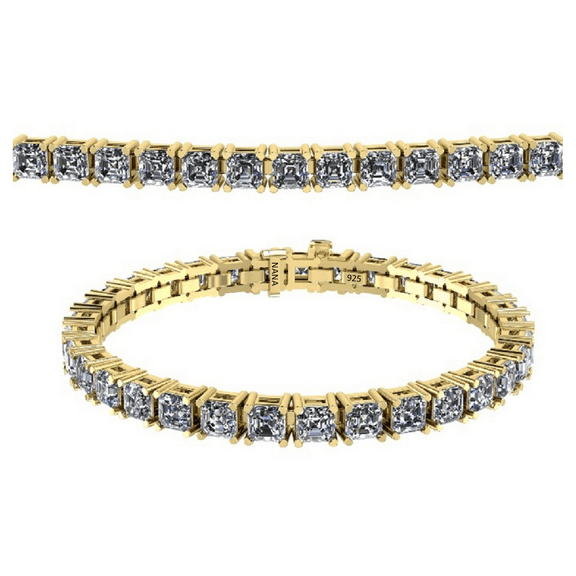 NANA Silver Asscher Pure Brilliance CZ Bracelet-7"-7.0mm-47.00cttw Equivalent Diamond Weight-Yellow Gold Plated