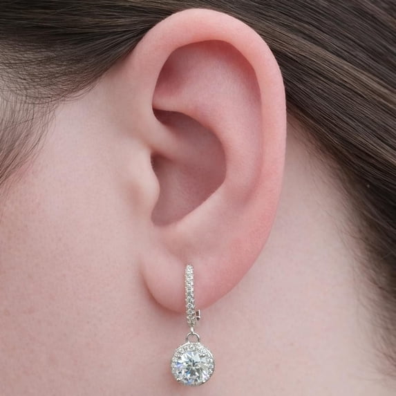 NANA Silver Dangle Halo Earrings with Pure Brilliance CZ - Simulated Garnet - January Birthstone