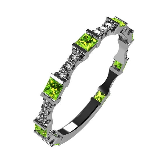 NANA Silver Stackable Ring Princess Cut Platinum Plated - Size 8 - Simulated Peridot - Aug. Birthstone