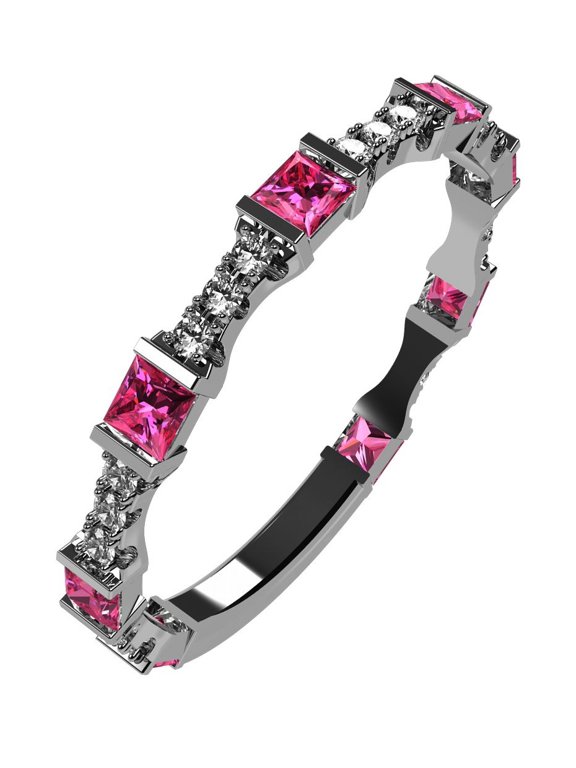 NANA Silver Stackable Ring Princess Cut Platinum Plated - Size 8 - Simulated Pink Tourmaline - Oct. Birthstone