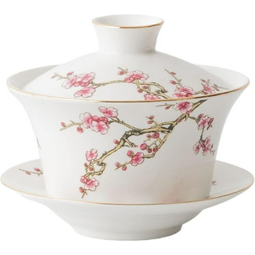 NANAHuang 10oz Large Gaiwan, Porcelain Kung Fu Tea Cup and Saucer with Lid, Chinese Traditional Gaiwan, Sancai Tea Bowl - Embossed Plum Patterns (Red)