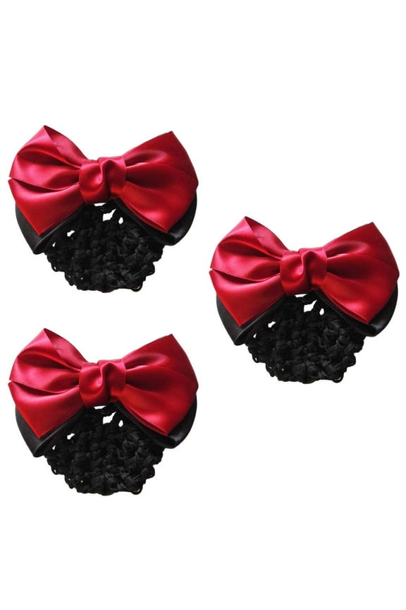 3 Pieces Bowknot Snood Net Barrette Hair Clip Bun Cover Hairnet Lace Bow Decor for Woman, Color Black