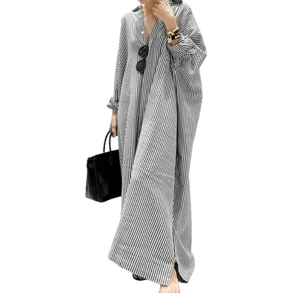 NANAHuang Button Down Shirt Dress for Womens Cotton Linen Long Sleeve Maxi Dress Striped Casual Loose Fit Dress with Pockets
