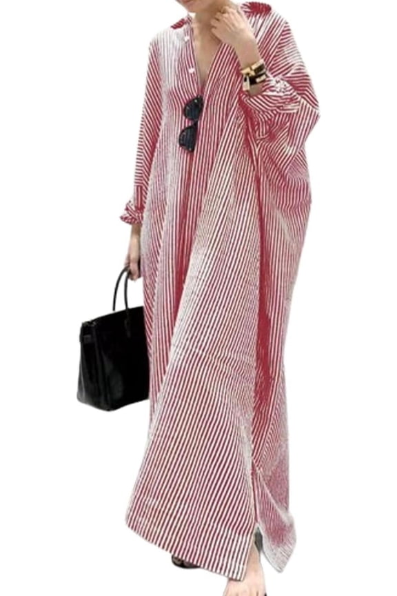 Button Down Shirt Dress for Womens Cotton Linen Long Sleeve Maxi Dress Striped Casual Loose Fit Dress with Pockets