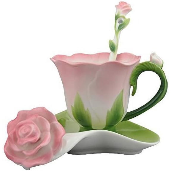NANAHuang Creative 3D Rose Bone China Ceramic Coffee Mugs Afternoon Tea Cup and Saucer Set (Pink)