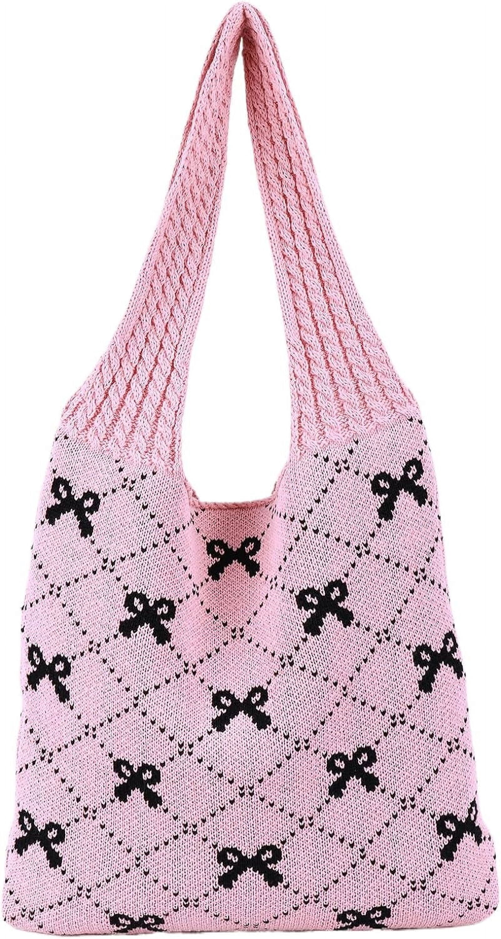 NANAHuang Crochet Tote Bag Y2k Bow Purse for Women Coquette Aesthetic Hobo Bag Cute Shoulder Handbag Knitted Tote Bow Printed Bag