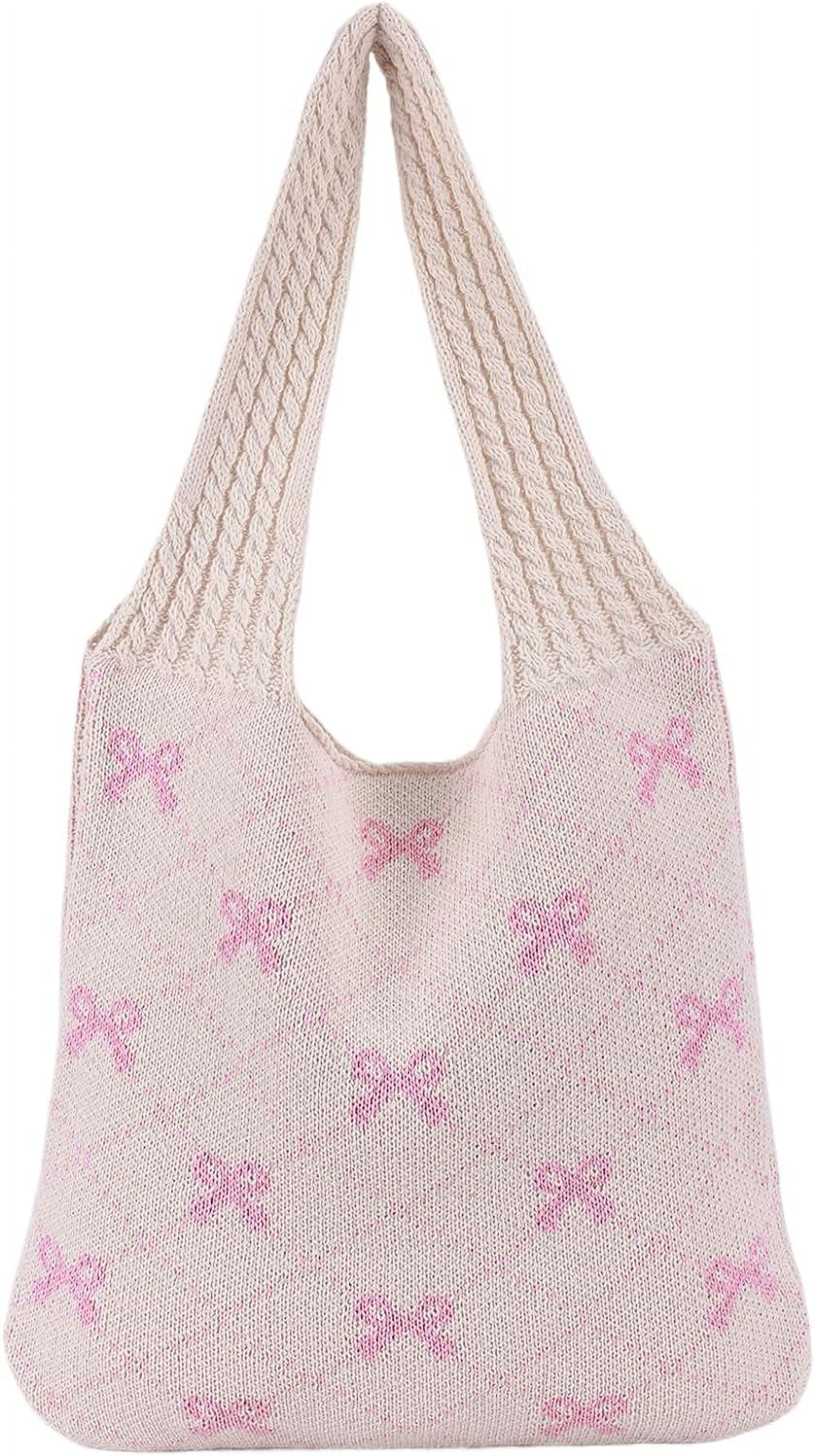 NANAHuang Crochet Tote Bag Y2k Bow Purse for Women Coquette Aesthetic Hobo Bag Cute Shoulder Handbag Knitted Tote Bow Printed Bag