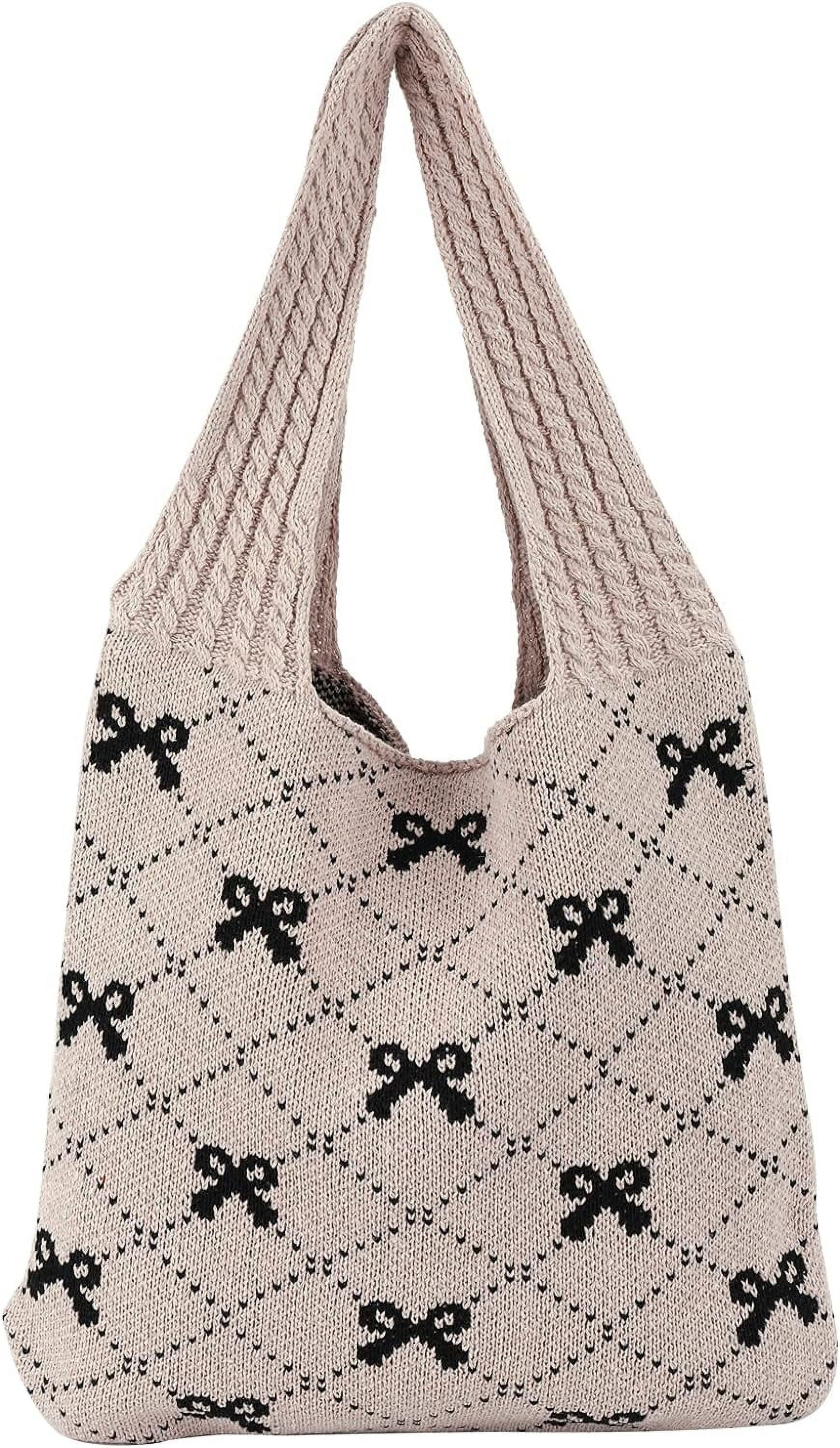 NANAHuang Crochet Tote Bag Y2k Bow Purse for Women Coquette Aesthetic Hobo Bag Cute Shoulder Handbag Knitted Tote Bow Printed Bag