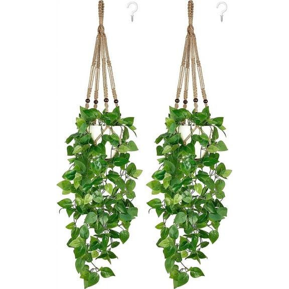 NANAHuang Fake Hanging Plant with Pot, Artificial Plants for Home Decor Indoor Macrame Plant Hanger with Faux Vines Hanging Planter Greenery for Bedroom Bathroom Kitchen Office Decor, Ivory (Pothos)