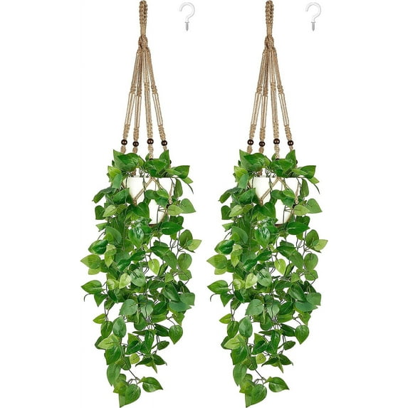 NANAHuang Fake Hanging Plant with Pot, Artificial Plants for Home Decor Indoor Macrame Plant Hanger with Faux Vines Hanging Planter Greenery for Bedroom Bathroom Kitchen Office Decor, Ivory (Pothos)