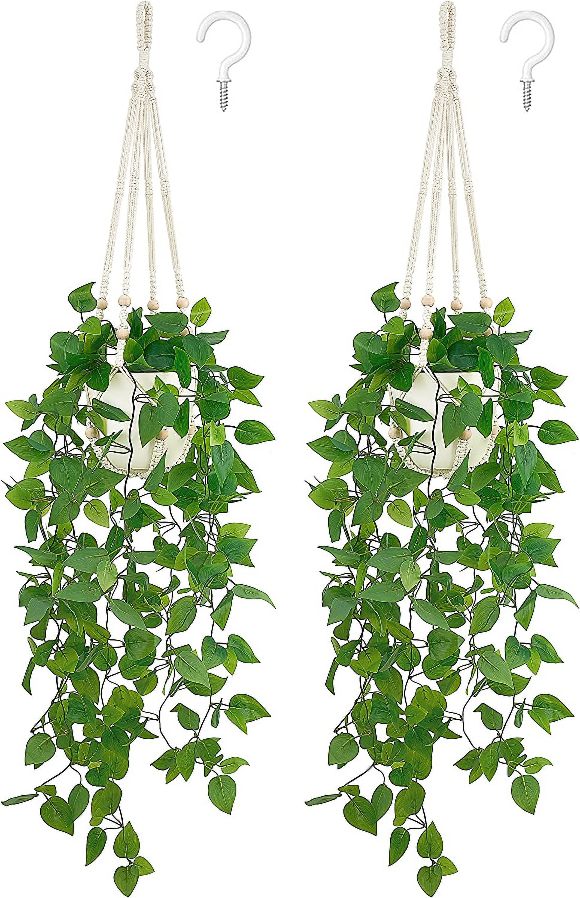 NANAHuang Fake Hanging Plant with Pot, Artificial Plants for Home Decor Indoor Macrame Plant Hanger with Faux Vines Hanging Planter Greenery for Bedroom Bathroom Kitchen Office Decor, Ivory (Pothos)