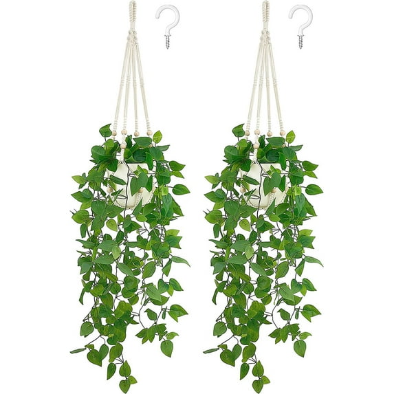 NANAHuang Fake Hanging Plant with Pot, Artificial Plants for Home Decor Indoor Macrame Plant Hanger with Faux Vines Hanging Planter Greenery for Bedroom Bathroom Kitchen Office Decor, Ivory (Pothos)