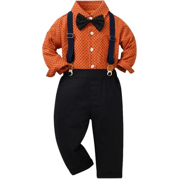 NANAHuang Kids Boys Lapel Long Sleeve Bow Tie Button Floral Tee Shir Tops + Shoulder Strap Pants 2PCS Gentleman Outfits
