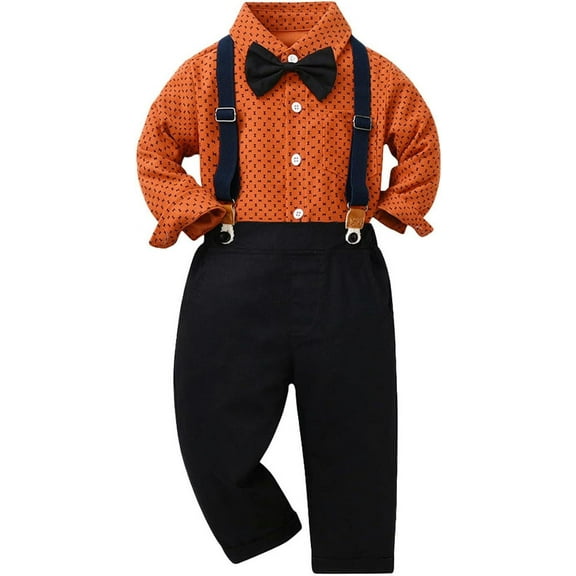 NANAHuang Kids Boys Lapel Long Sleeve Bow Tie Button Floral Tee Shir Tops + Shoulder Strap Pants 2PCS Gentleman Outfits