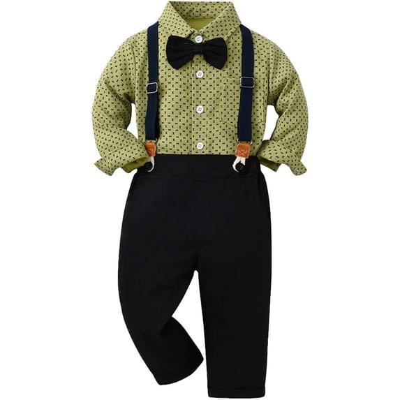 NANAHuang Kids Boys Lapel Long Sleeve Bow Tie Button Floral Tee Shir Tops + Shoulder Strap Pants 2PCS Gentleman Outfits