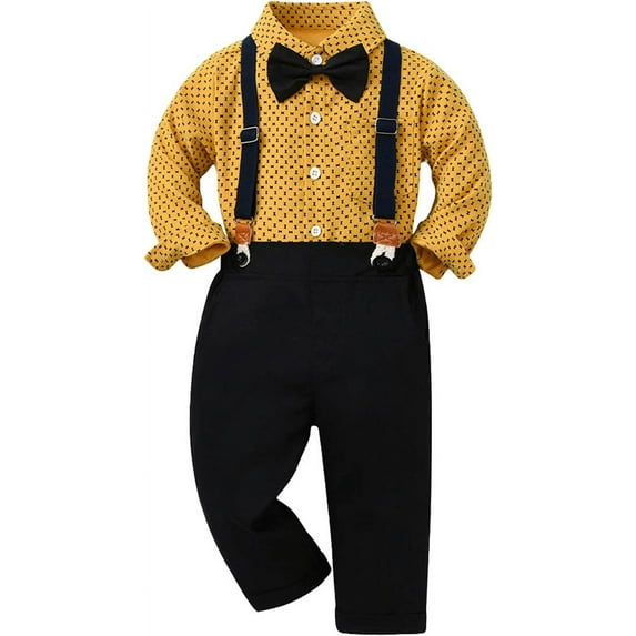NANAHuang Kids Boys Lapel Long Sleeve Bow Tie Button Floral Tee Shir Tops + Shoulder Strap Pants 2PCS Gentleman Outfits