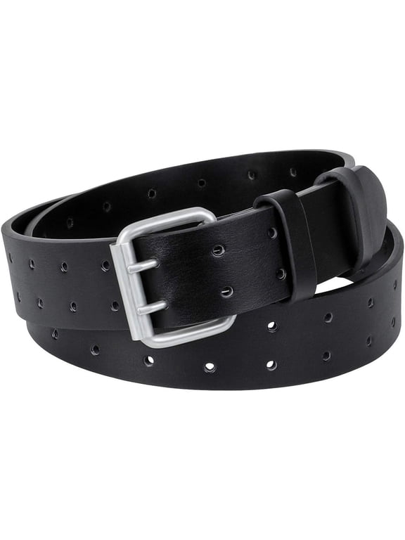 Men's Double Prong Belt 2 Holes Leather Jeans Belt for Men 1.5 inches Wide