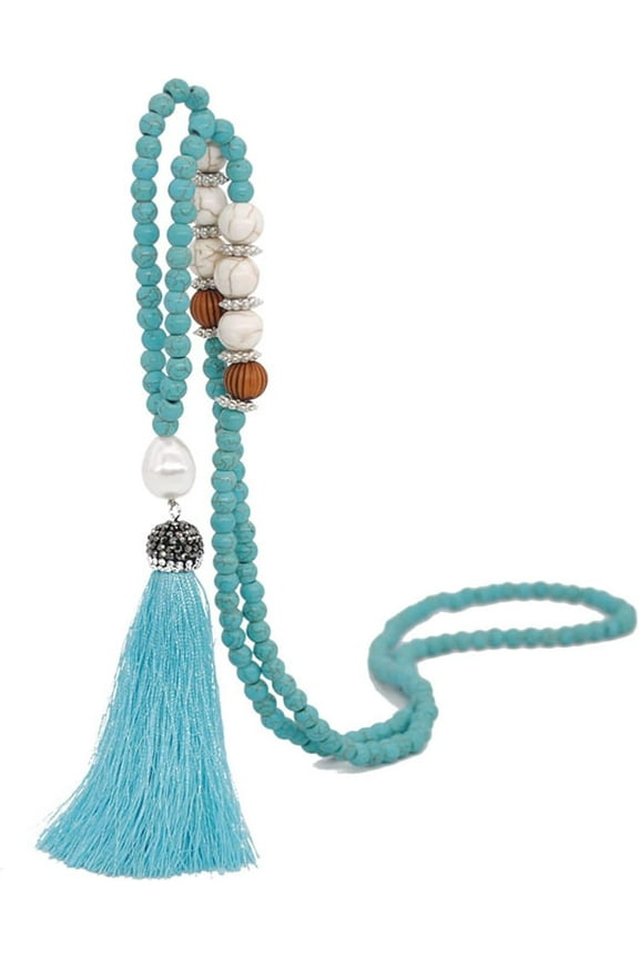 Multicolor Long Tassel Fringe Pendant Necklace Turquoise Pearl Crystal Mala Beads Link Chain Necklace for Women Ethnic Boho Prayer Jewelry