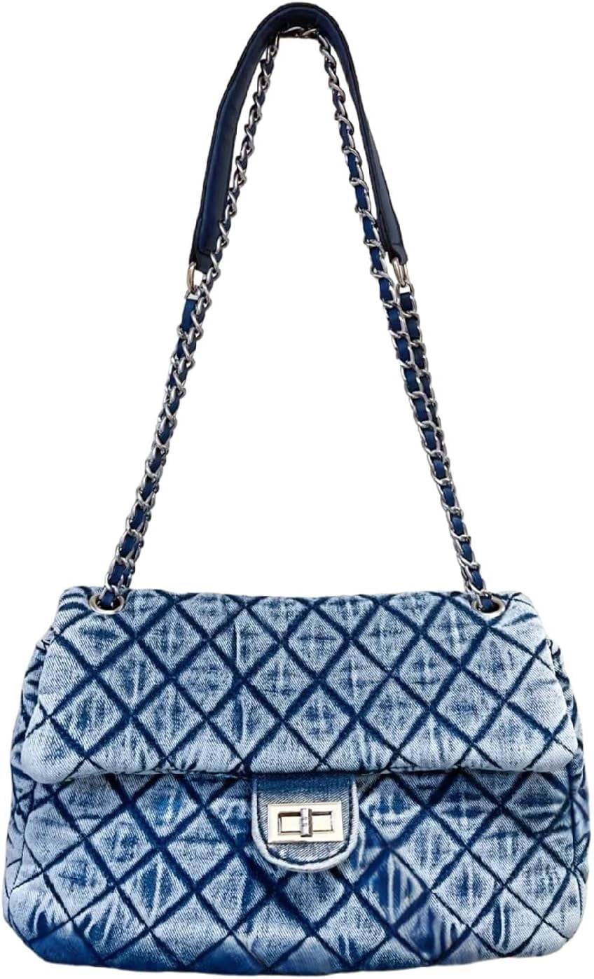 NANAHuang Retro Quilted Denim Purses for Women Crossbody Tote Bag for Womens Shoulder Bags Chain Over Washed Jeans Handbags Black Blue