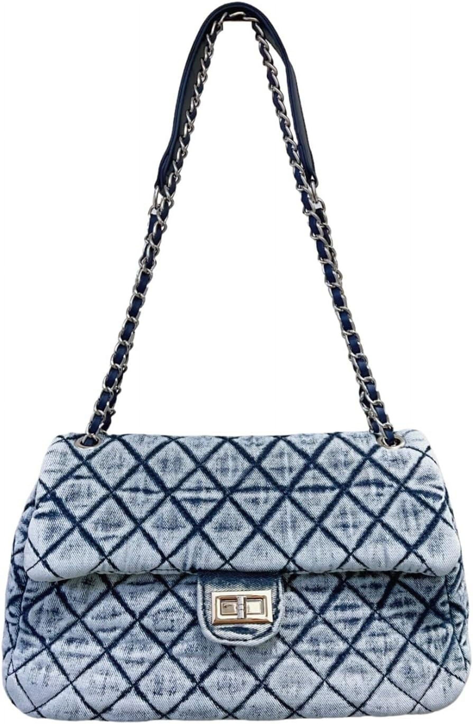 NANAHuang Retro Quilted Denim Purses for Women Crossbody Tote Bag for Womens Shoulder Bags Chain Over Washed Jeans Handbags Black Blue