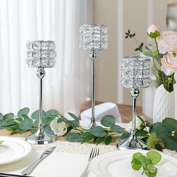 NANAHuang Set of 3 Candle Holders for Wedding Decor, Crystal Candlestick Centerpieces for Table, Tealight Holder for //Party/Wedding Table Decoration (Silver)