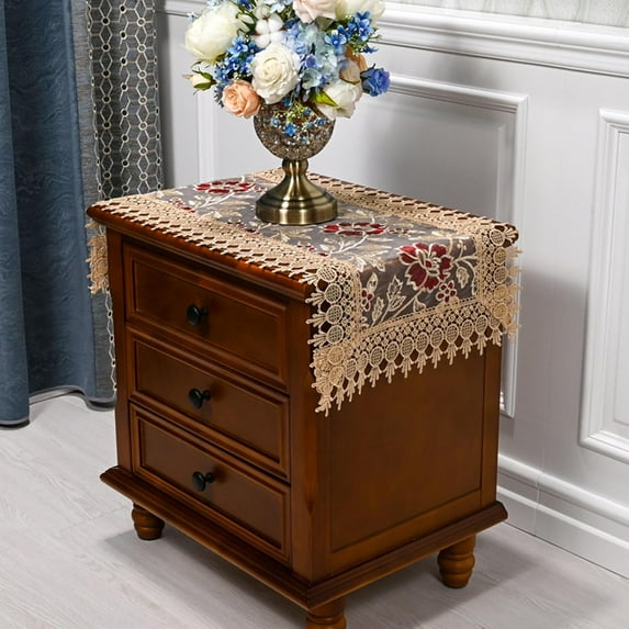 NANAHuang Small Rectangle Floral Tablecloth Lace Beisde Table Cover Embroidered Table Cloth End Table Topper Decor 16 * 31 Inch