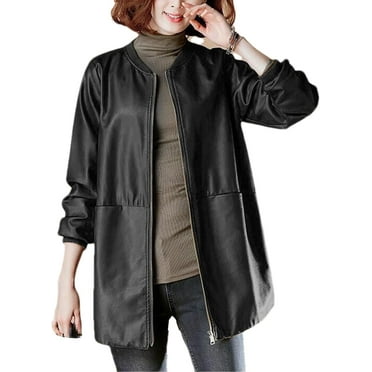 NANAHuang Spring And Autumn Women's Mid Length Leather Jacket Commute Loose Faux Leather Coat Plus Size Jackets