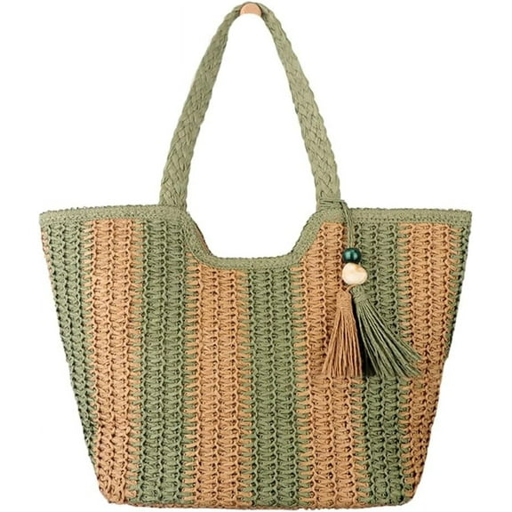 NANAHuang Straw Beach Bag for Women Large Summer Straw Tote Bag Woven Bag Travel Straw Shoulder Zipper Bags for Vocation