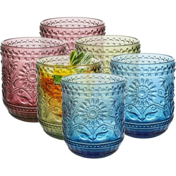 NANAHuang Vintage Drinking Glass Set of 4,12 oz Embossed Floral Drinkware Set,Green Drinking Glasses Cups Wine Glasses Colored Glassware for Whisky,Beer,Juice,Cocktail,Heavy Duty
