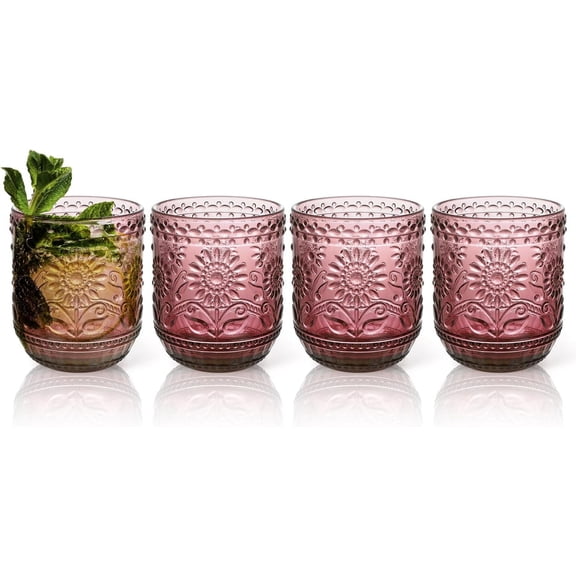 NANAHuang Vintage Drinking Glass Set of 4,12 oz Embossed Floral Drinkware Set,Green Drinking Glasses Cups Wine Glasses Colored Glassware for Whisky,Beer,Juice,Cocktail,Heavy Duty