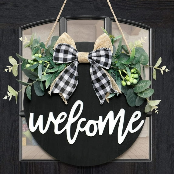 NANAHuang Welcome Sign Front Door Welcome Wreaths Black Wood Sign for Farmhouse Porch Decor Rustic Wooden Wall Sign Hangers Door Decorations Outdoor Hanging Craft (Black)