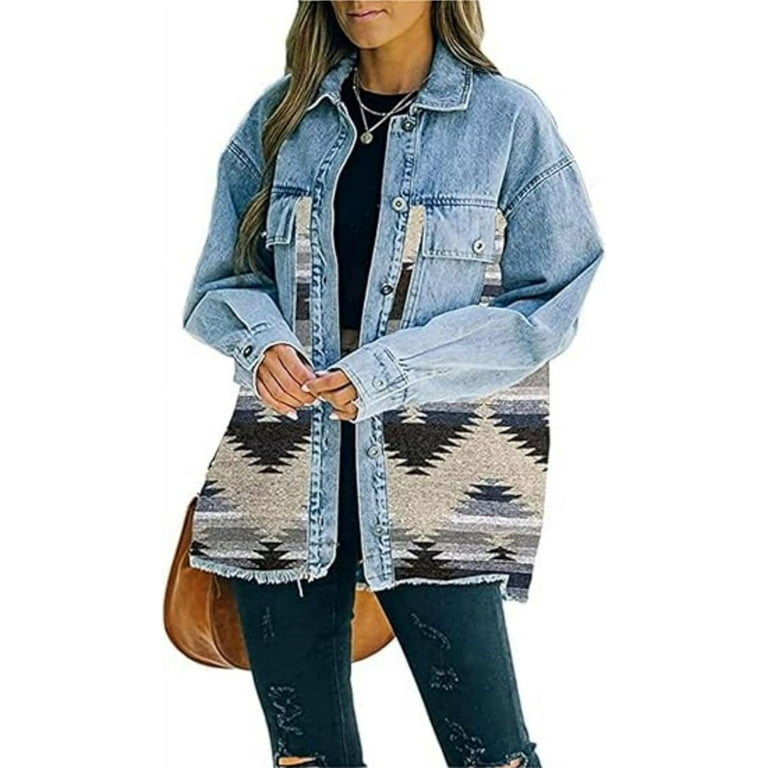 NANAHuang Western Jean Jacket for Womens Aztec Ethnic Denim Jacket