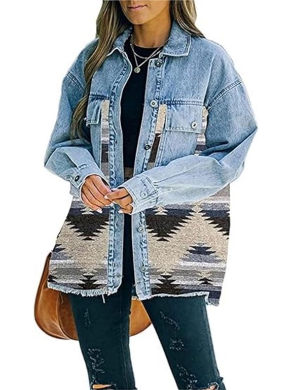 Western Jean Jacket for Womens Aztec Ethnic Denim Jacket Distressed Lapel Long Sleeve Button Down Shacket Coat