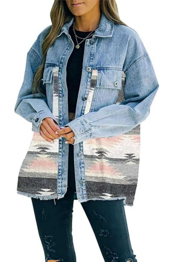 Western Jean Jacket for Womens Aztec Ethnic Denim Jacket Distressed Lapel Long Sleeve Button Down Shacket Coat