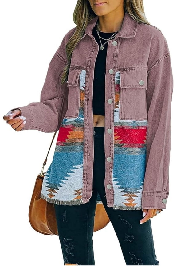 Western Jean Jacket for Womens Aztec Ethnic Denim Jacket Distressed Lapel Long Sleeve Button Down Shacket Coat