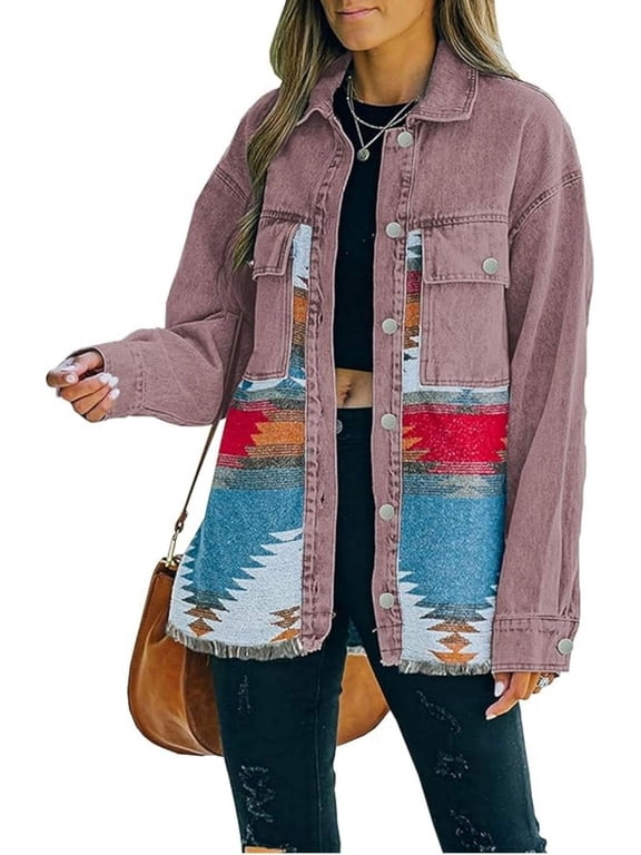 Western Jean Jacket for Womens Aztec Ethnic Denim Jacket Distressed Lapel Long Sleeve Button Down Shacket Coat