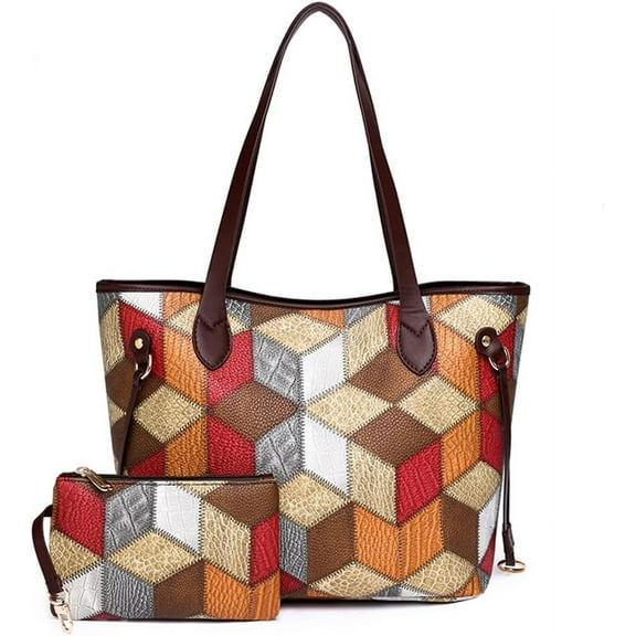 NANAHuang Women Multi-colored Tote Bag Elegant Retro Shoulder Purse 2 Pcs Set Leather Handbag Work Shopper Patchwork Wallet