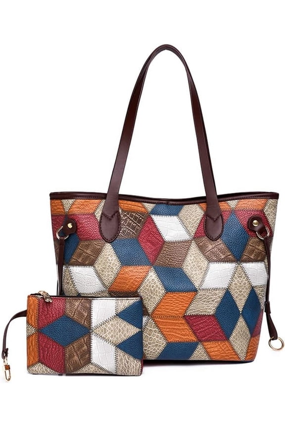 Women Multi-colored Tote Bag Elegant Retro Shoulder Purse 2 Pcs Set Leather Handbag Work Shopper Patchwork Wallet