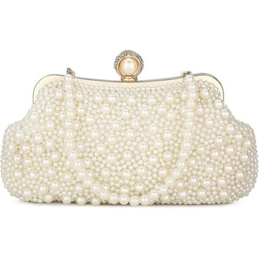 NANAHuang Women Pearl Clutch Bag Noble Crystal Beaded Evening Bag Wedding Clutch with Pearl Chain